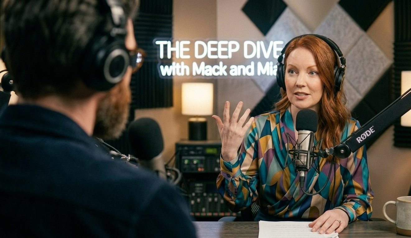 The Deep Dive podcast hosts Mack and Mia in a recording studio, unpacking policy language, underwriting, and real-world scenarios.