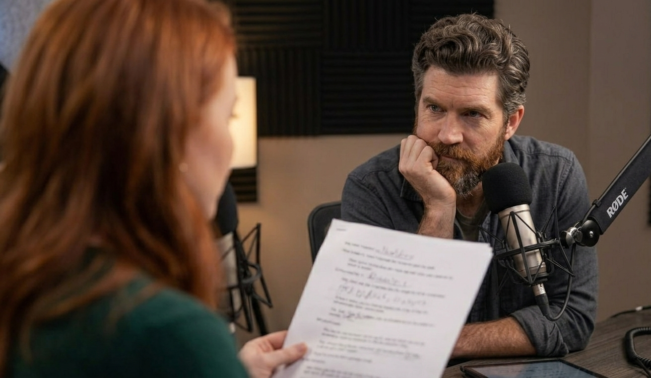The Deep Dive podcast hosts Mack and Mia in a recording studio, unpacking policy language, underwriting, and real-world scenarios.