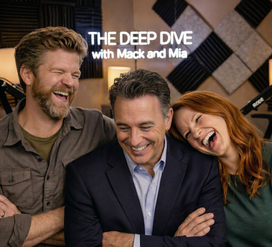 Three people laughing and smiling together in a recording studio with soundproofing panels. Text on the wall reads 'The Deep Dive with Mack and Mia.'