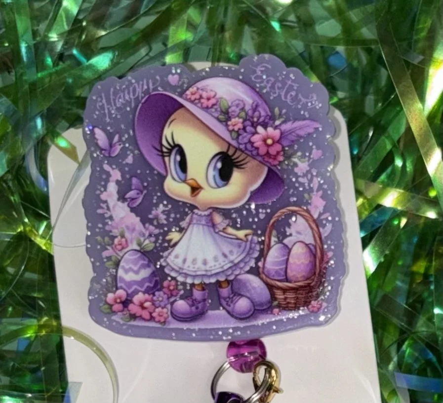 Purple Pastel Easter Tweety Birdie Beaded Badge Reel