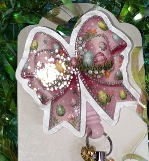 Pink Bow Easter Badge Reel - Beaded