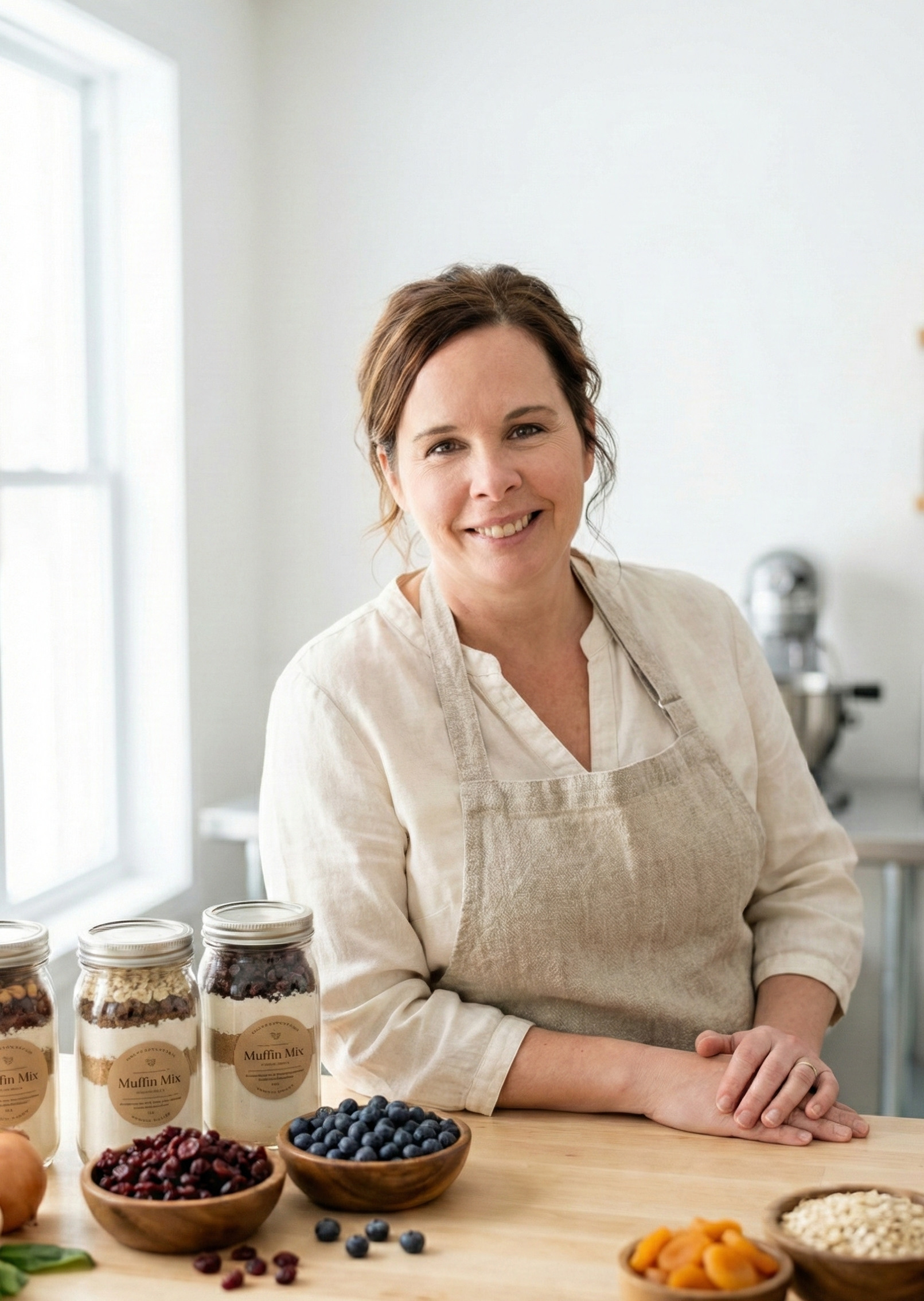 Une femme souriante portant un tablier beige, se tenant derrière une table en bois avec des bocaux de mélanges à muffins, des baies, des fruits secs et autres ingrédients pour pâtisserie.