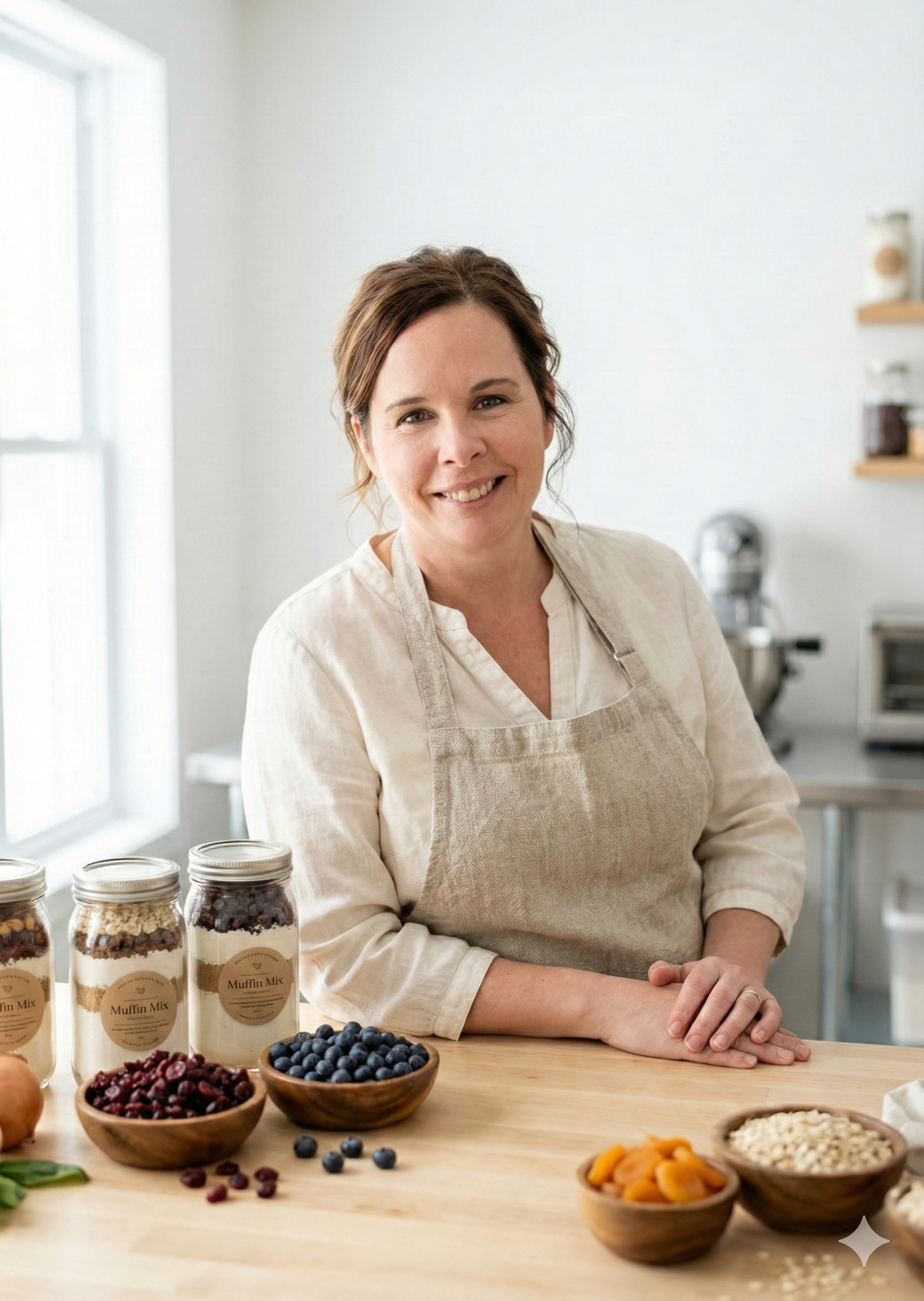 Femme souriante portant un tablier, debout derrière une table avec des bocaux de mélanges à muffins, des blueberries, des cranberries, des abricots secs, du riz, et d'autres ingrédients, dans une cuisine lumineuse.