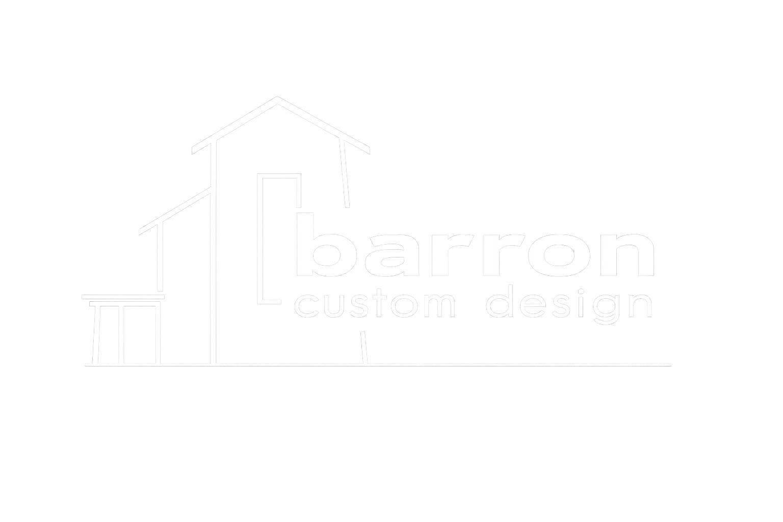Logo for Barron Custom Design featuring a minimalist white line drawing of a house with a porch on a black background, alongside the text 'barron' in bold, and 'custom design' underneath.