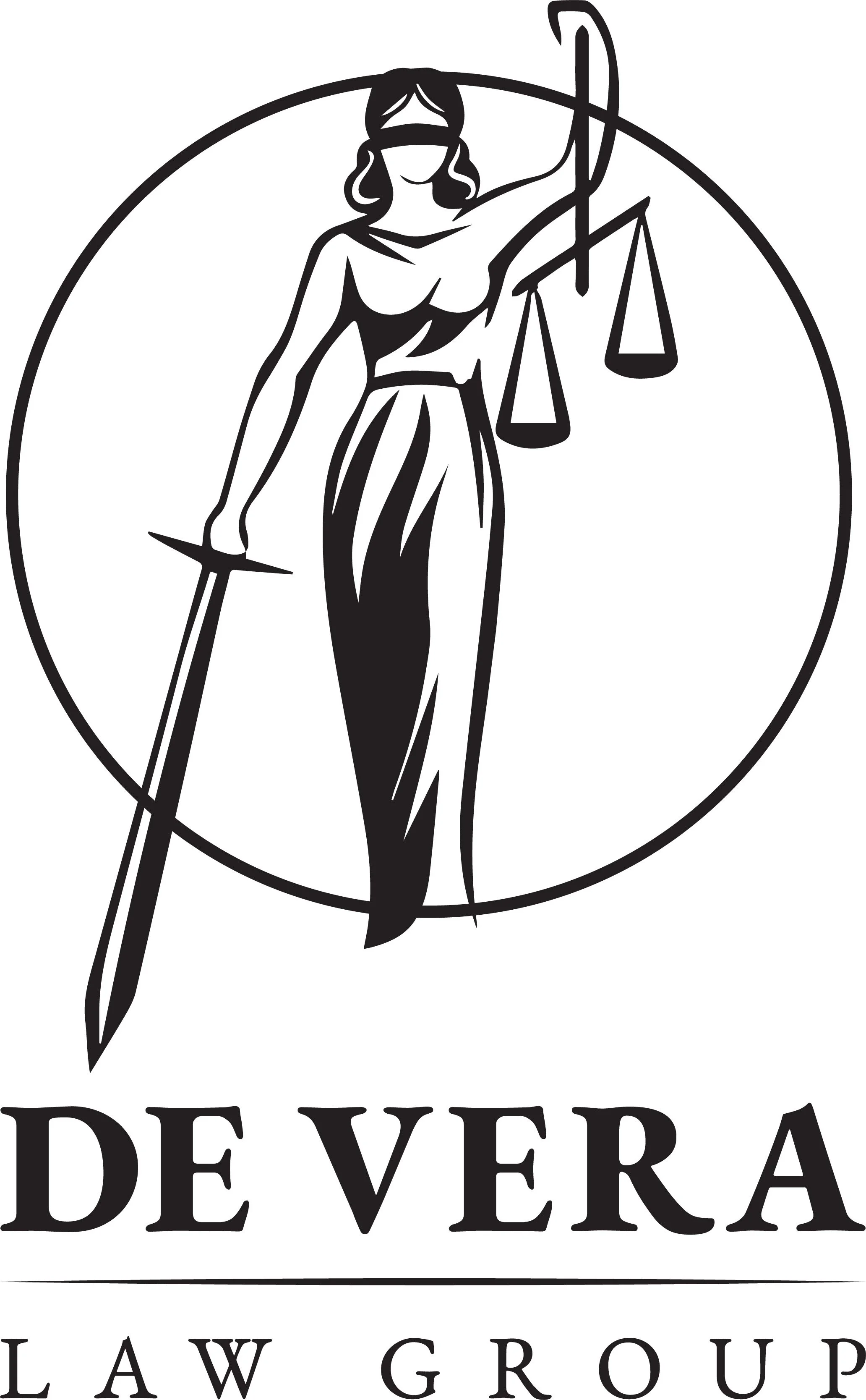 Line drawing of Lady Justice holding a sword and scales, with 'De Vera Law Group' text below.