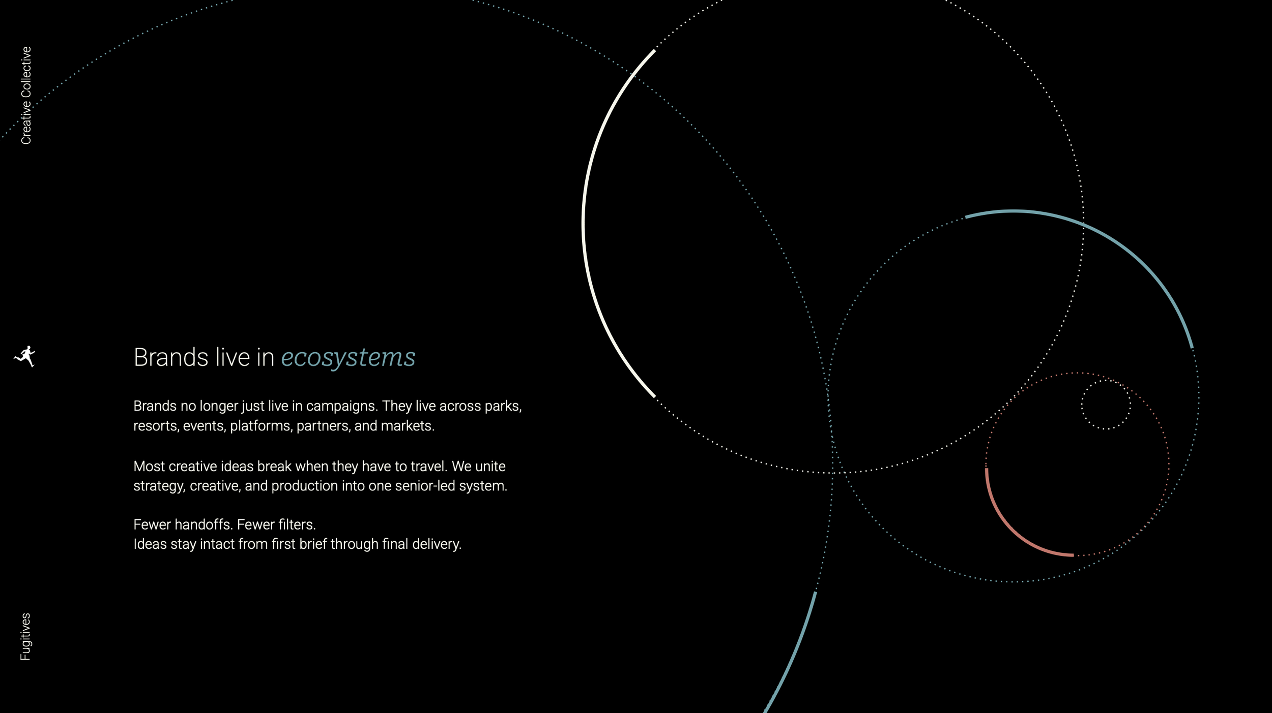 Graphic with text about brands living in ecosystems, featuring a large black background with colorful dotted and solid circles and lines. The left side contains a paragraph explaining that brands now operate across parks, resorts, events, and markets, not just campaigns, and emphasizing the importance of travel, unified strategy, fewer handoffs, and intact ideas.