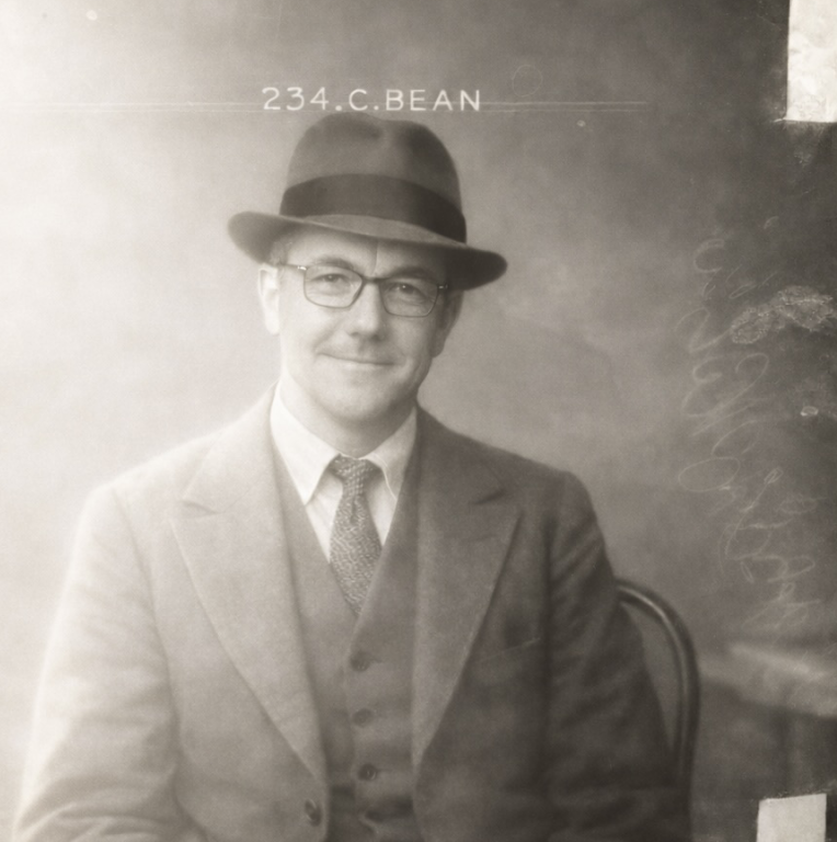 Black and white photo of a man in vintage attire, wearing glasses, a fedora, a suit, and a tie, sitting on a chair with a chalkboard behind him and the text "234 C. BEAN" above his head.
