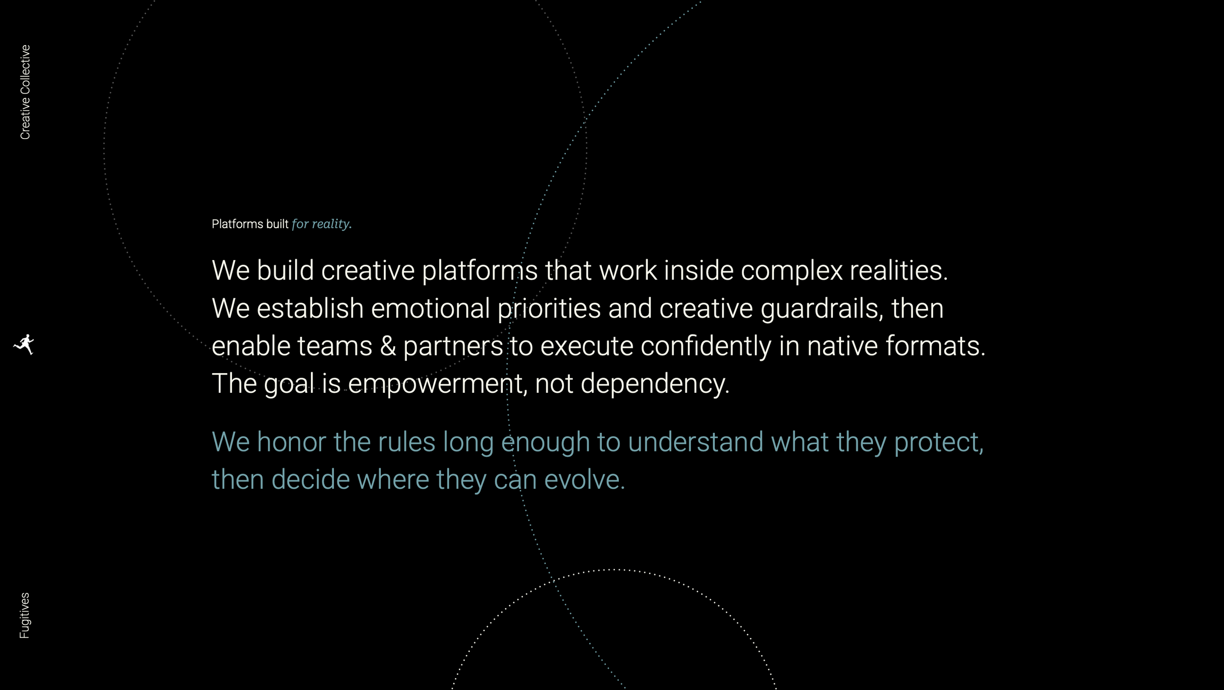 Dark-themed webpage with white and blue text about building creative platforms inside complex realities, emphasizing emotional priorities, creative guardrails, and empowering teams, with a small running icon on the left.
