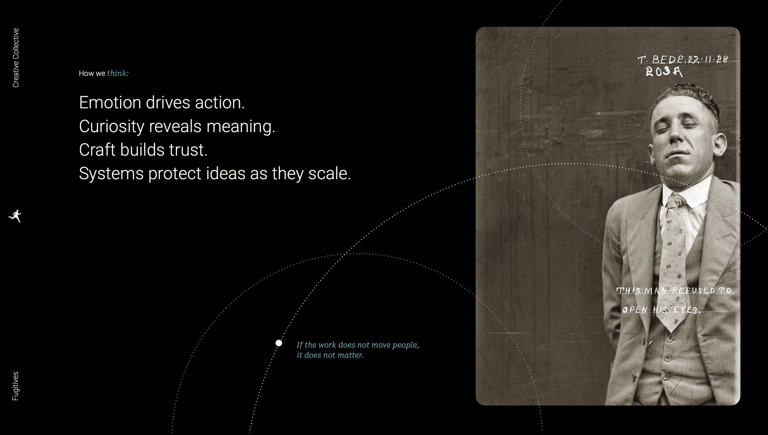 A black and white photograph of a man in a suit with his eyes closed, with a handwritten note indicating his refusal to open his eyes, alongside a quote about emotion and trust, and additional text discussing how emotion drives action, curiosity reveals meaning, craft builds trust, and systems protect ideas as they scale.