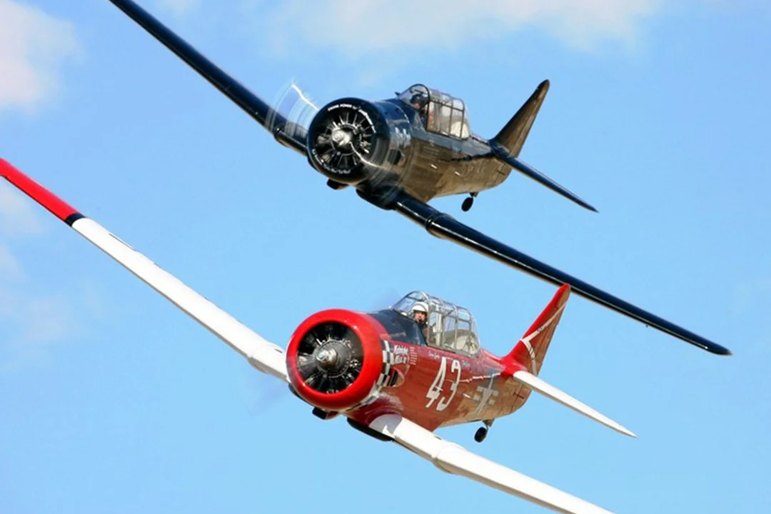 Two vintage military aircraft flying in formation against a blue sky, with one aircraft painted red and white numbered 45, and the other painted dark blue.