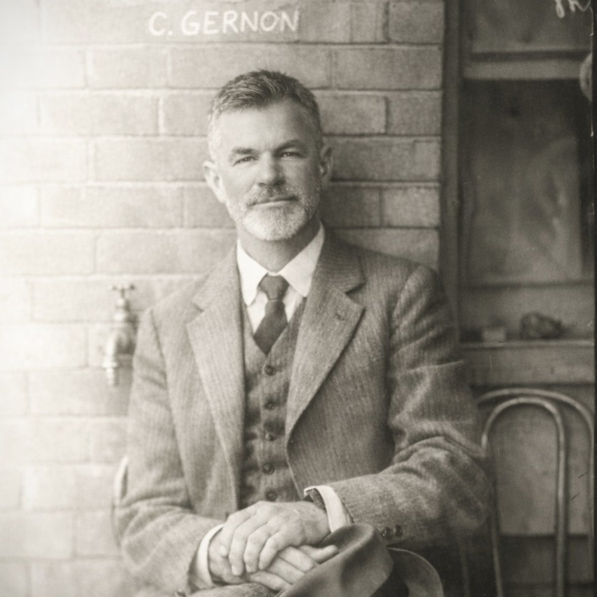 Black and white photograph of a middle-aged man with gray hair and a beard, wearing a suit and tie, sitting indoors against a brick wall. There is a small faucet and a cabinet or shelf with objects behind him.
