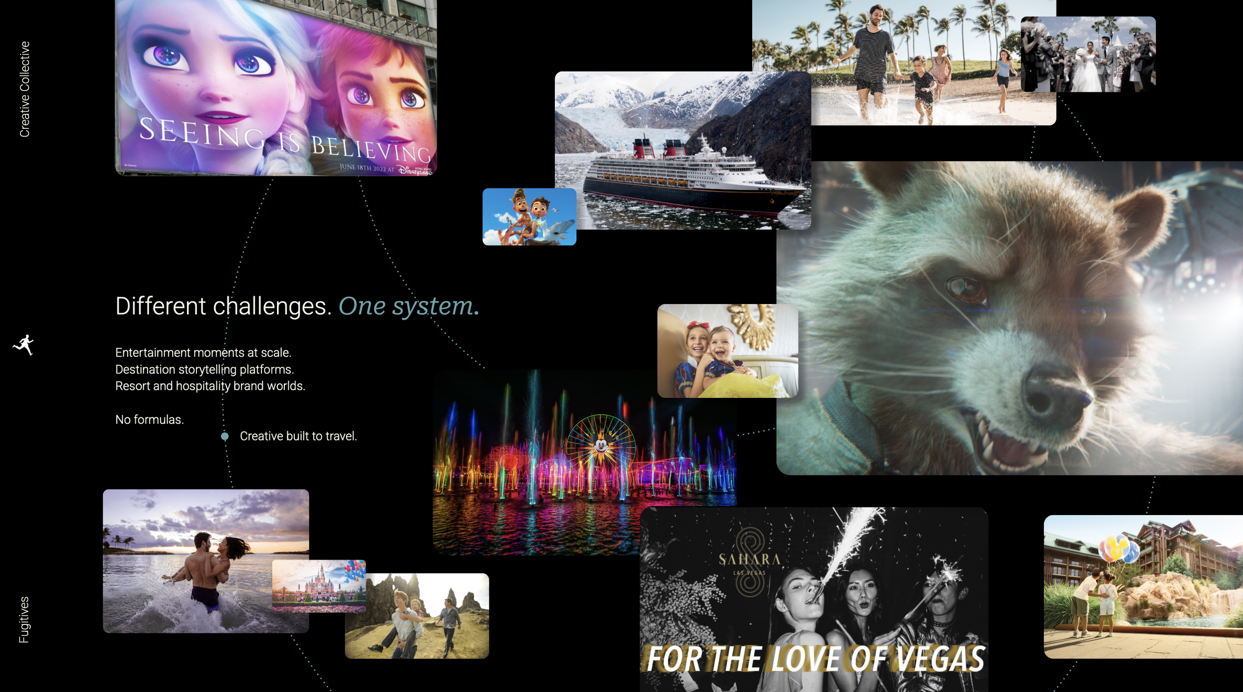 A collage of various travel and entertainment images, including a Disney movie poster, a cruise ship, children playing in a park, a dog, a fireworks display, a water park, and people at a resort. Text overlay mentions challenges and a unified system for entertainment, travel, and hospitality.