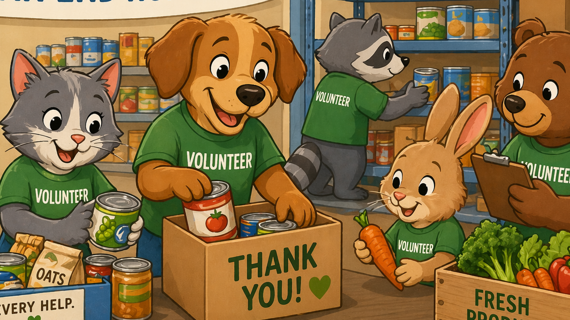 Cartoon animals volunteering at a food bank, packing cans into a box labeled "Thank You!" with fresh vegetables nearby.