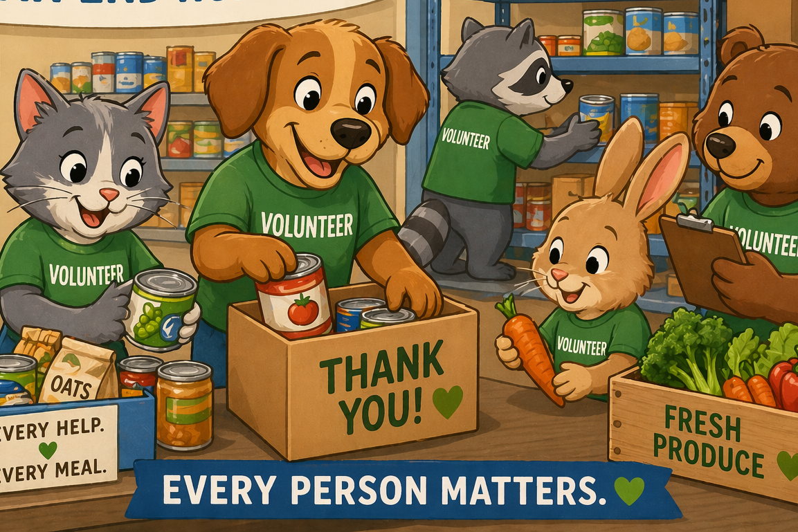 Cartoon animals wearing green volunteer shirts organizing canned food and fresh vegetables in a food bank or pantry.