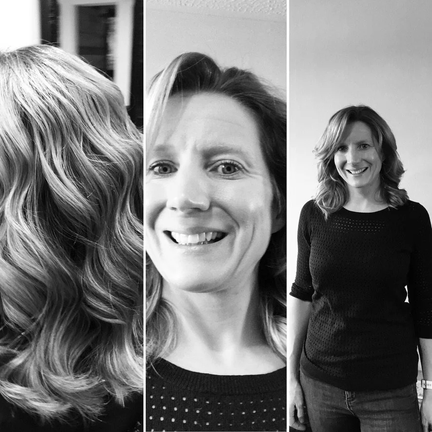 Sequence of three black and white photos of Lucy Tugwell showing her hair from the back, a close-up of her smiling face, and a full-body portrait of her smiling in casual clothing.
