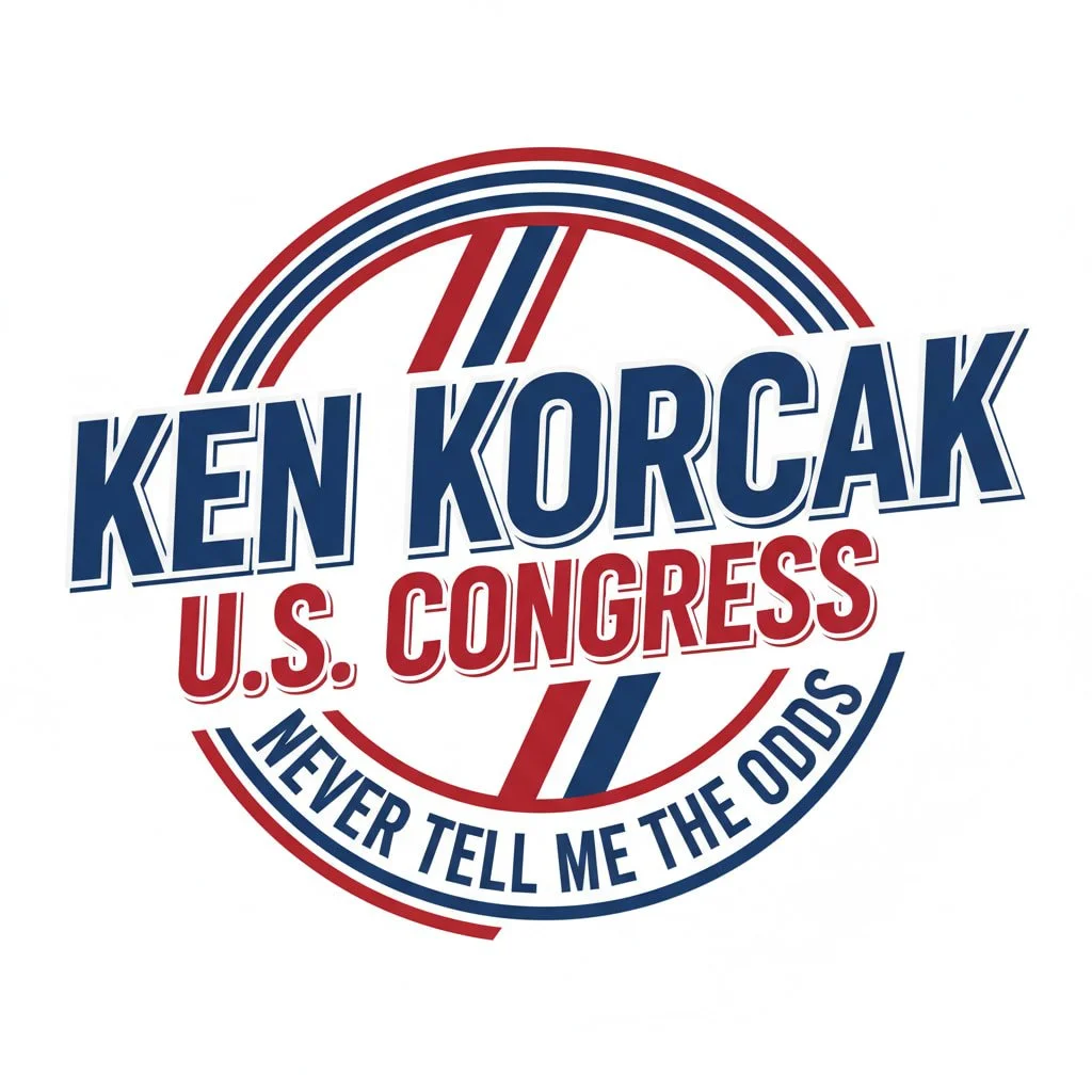 Political campaign logo for Ken Korcak for U.S. Congress, featuring red, white, and blue colors, with the slogan 'Never Tell Me the Odds'.