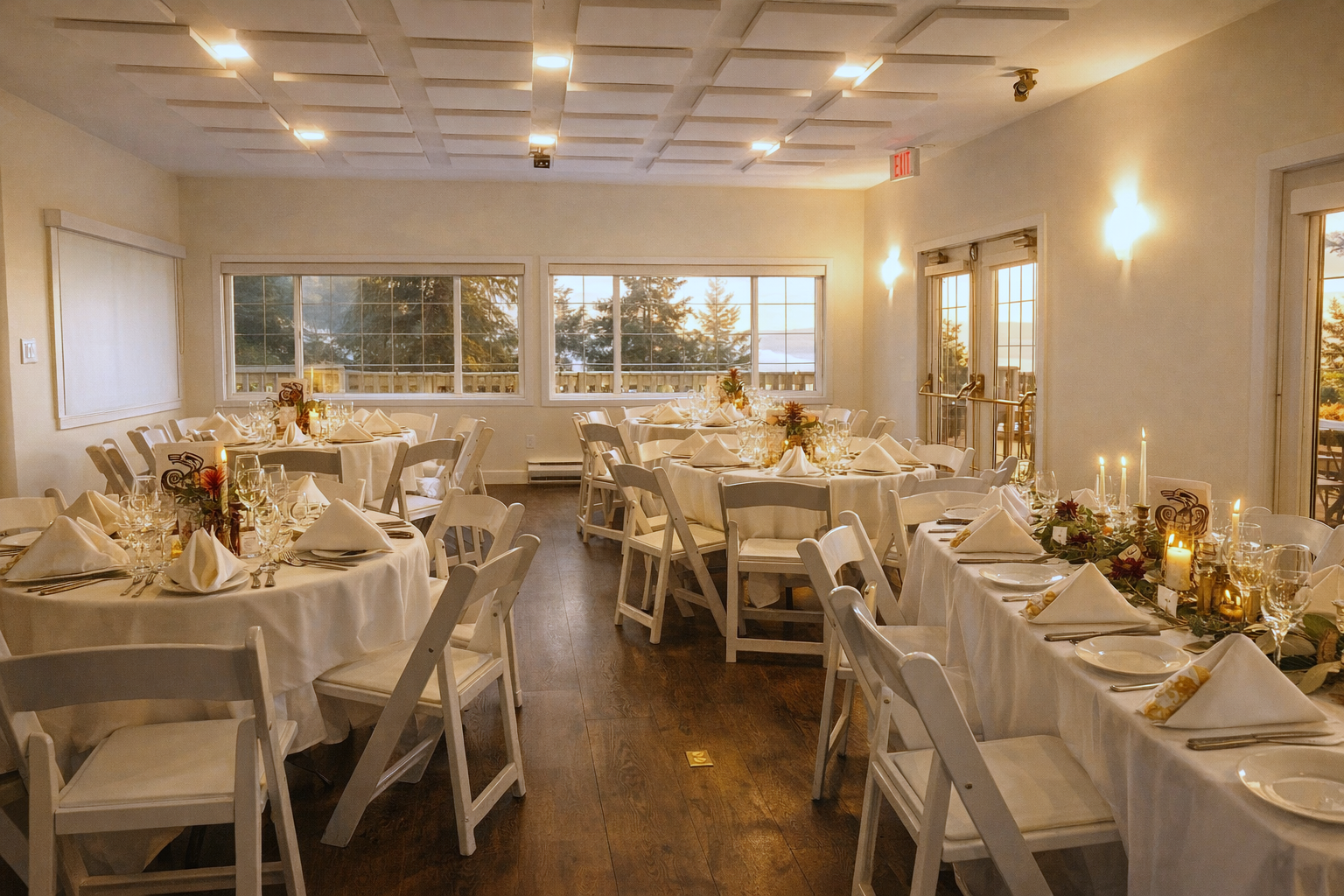 Elegantly decorated banquet room with white round and rectangular tables set with white tablecloths, napkins, glassware, and floral centerpieces, illuminated by soft candlelight, with large windows showing outdoor scenery and a door leading outside.