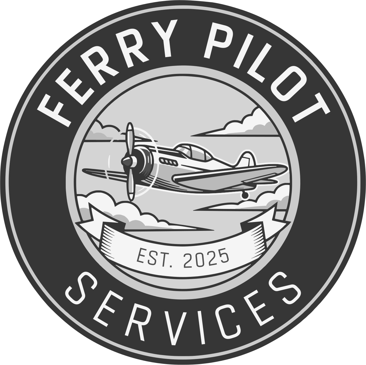An emblem with a vintage airplane flying through clouds, surrounded by text reading 'FERRY PILOT SERVICES' and 'EST. 2025'.