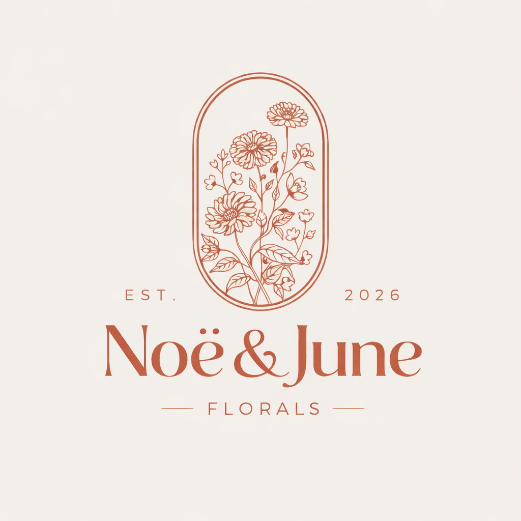 Logo for Noé & June Florals featuring a line drawing of flowers inside an oval frame, with text "EST. 2026 Noé & June Florals".