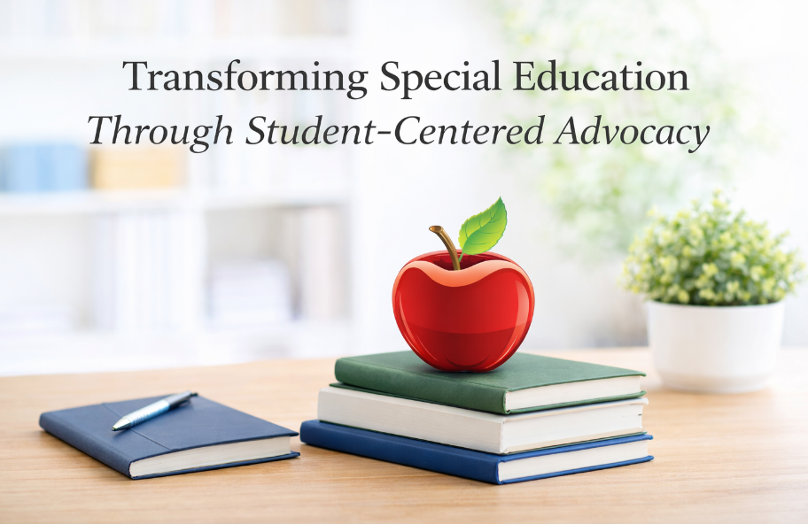 Books stacked on a wooden desk with a red apple on top, a pen on a closed notebook nearby, and a potted plant in the background. The text reads 'Transforming Special Education Through Student-Centered Advocacy'.