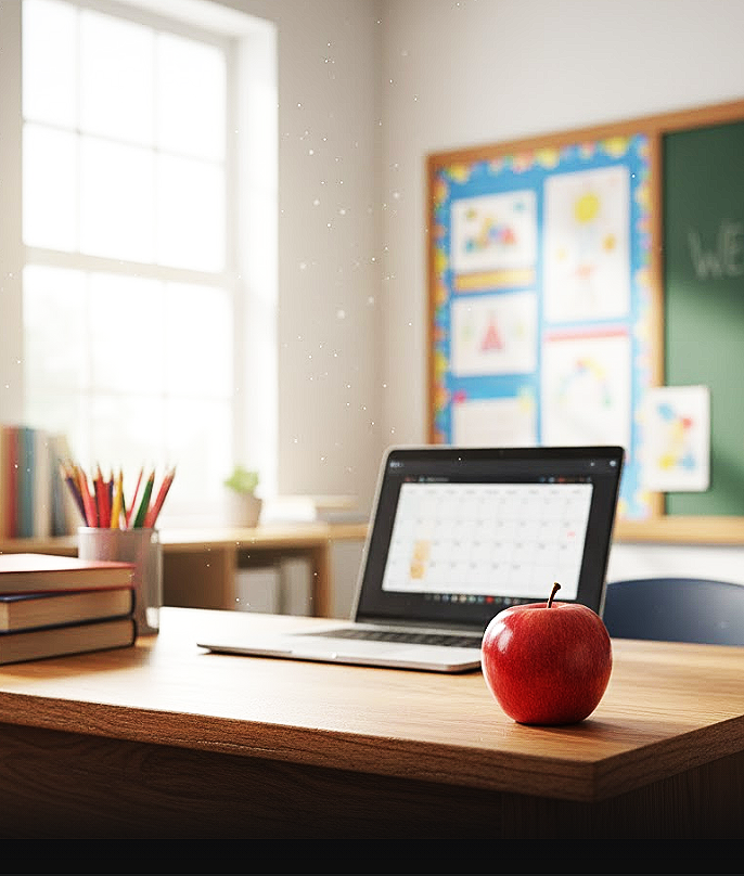 An apple on a school desk, with a laptop, books, and a pencil holder in the background.