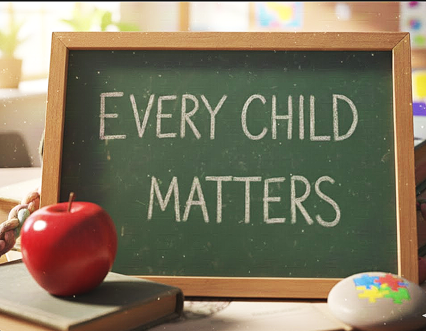 Chalkboard with the message "Every Child Matters", an apple, a book, and a puzzle piece