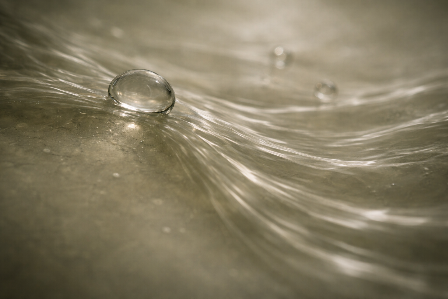 Close-up of a transparent water droplet resting on a wet surface with flowing water around it.
