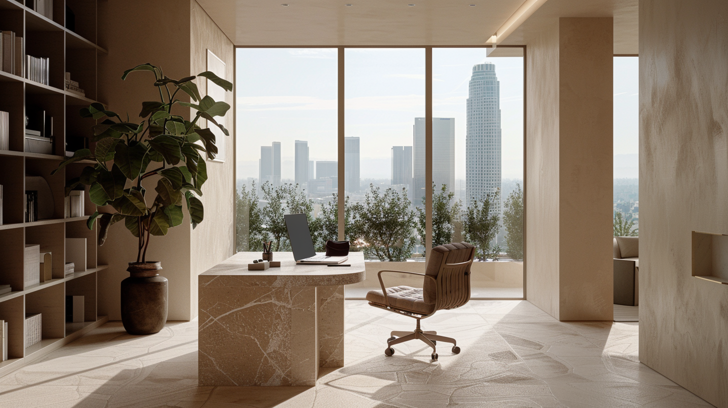 Modern office with large windows overlooking a city skyline, featuring a marble desk, ergonomic chair, bookshelf, and potted plant.