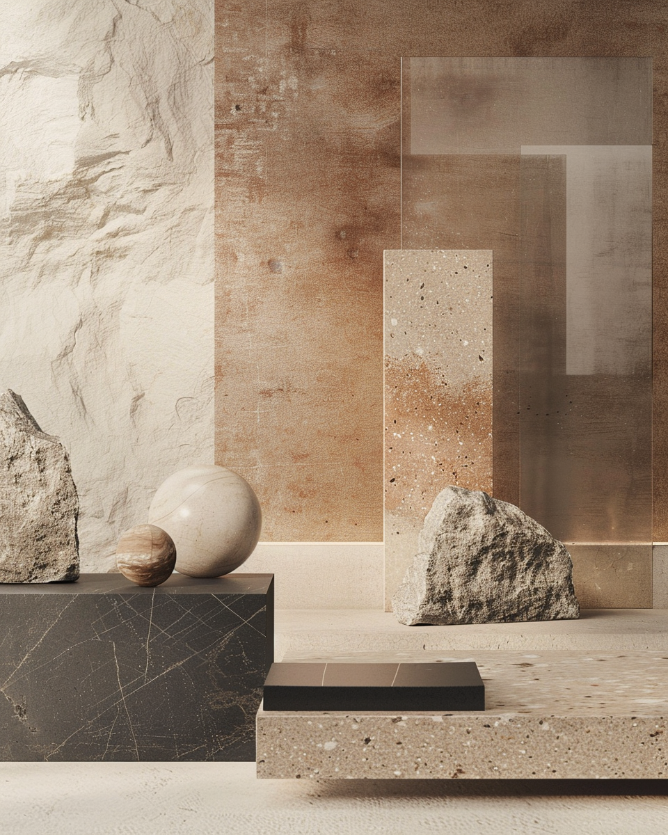 Artistic composition of stones and textured panels, featuring large rocks, a marble sphere, and abstract backgrounds in earth tones and neutral shades.