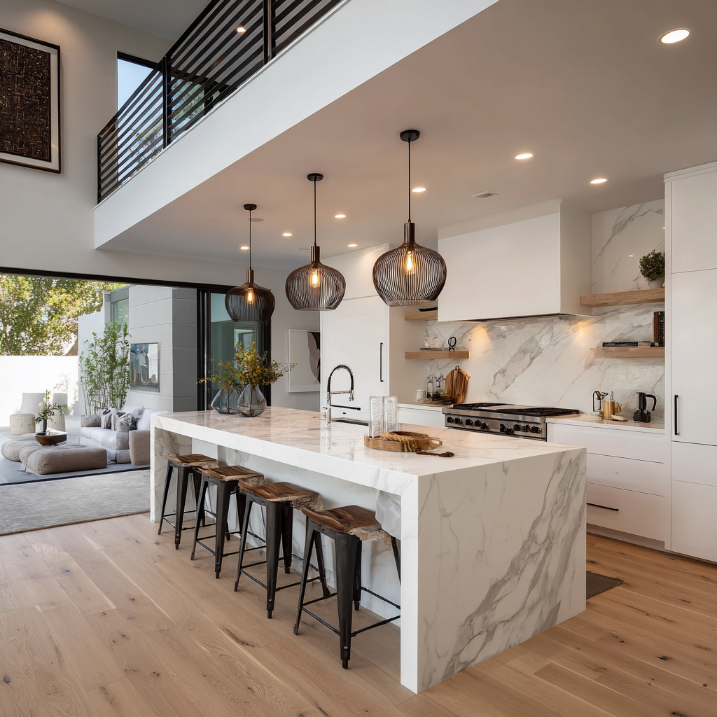 Modern kitchen with a white marble island, three pendant lights, and a view of a living room with a sofa and large windows.