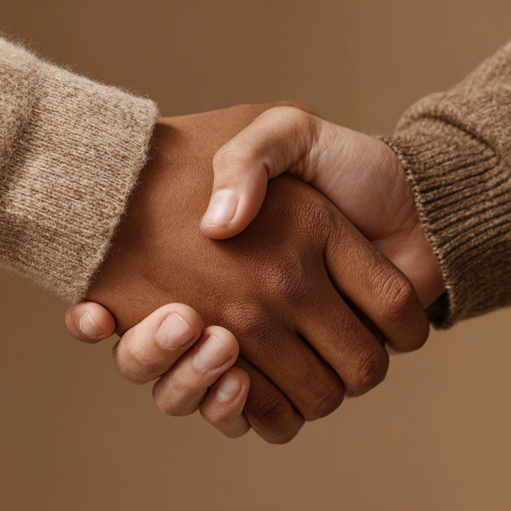 Close-up of two people shaking hands, one with lighter skin and the other with darker skin, wearing beige sweaters.
