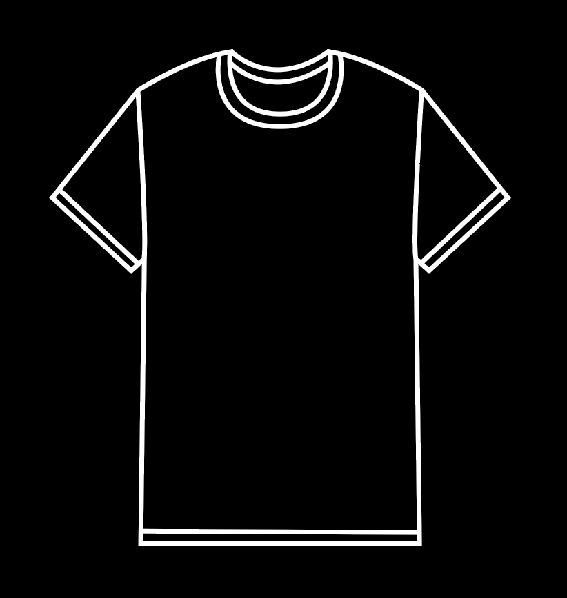 Outline of a short-sleeved T-shirt with a crew neck, shown in white on a black background.