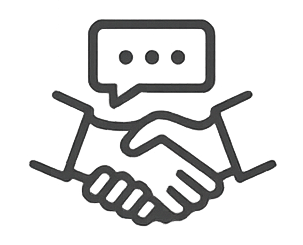 Icon of two hands shaking with a speech bubble above, symbolizing communication or agreement