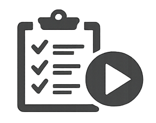 Checklist with three checked items on a clipboard and a play button icon