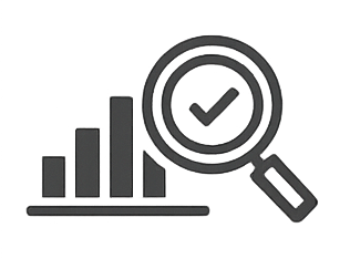A bar chart with a magnifying glass icon and a checkmark, symbolizing analysis or positive growth.