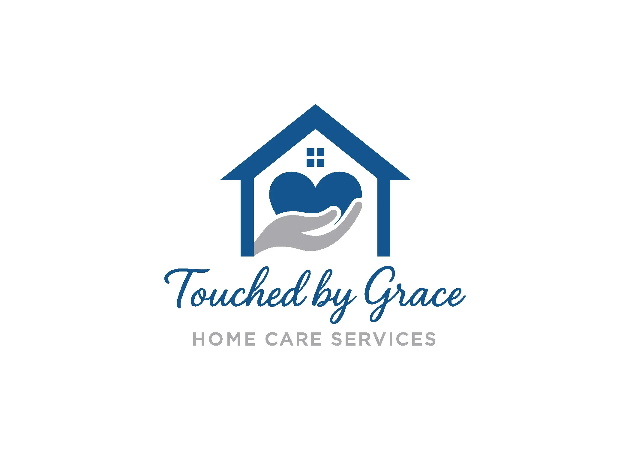Logo for Touched by Grace Home Care Services featuring a house with a hand holding a heart inside and the company name written below.