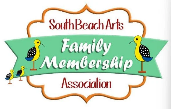 Logo for South Beach Arts Family Membership Association featuring colorful beach-themed birds and decorative borders.