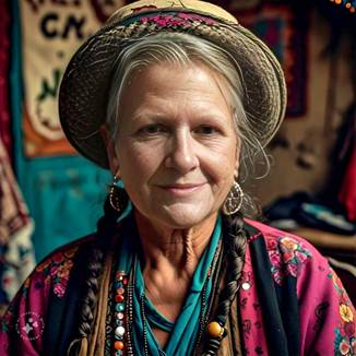 A woman with light hair wearing a wide-brimmed hat, colorful patterned clothing, and multiple necklaces, standing in a vibrant, decorated setting.
