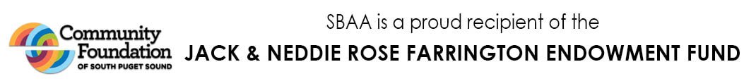 Logo of Community Foundation of South Puget Sound and text stating SBAA is a recipient of the Jack & Neddie Rose Farrington Endowment Fund.
