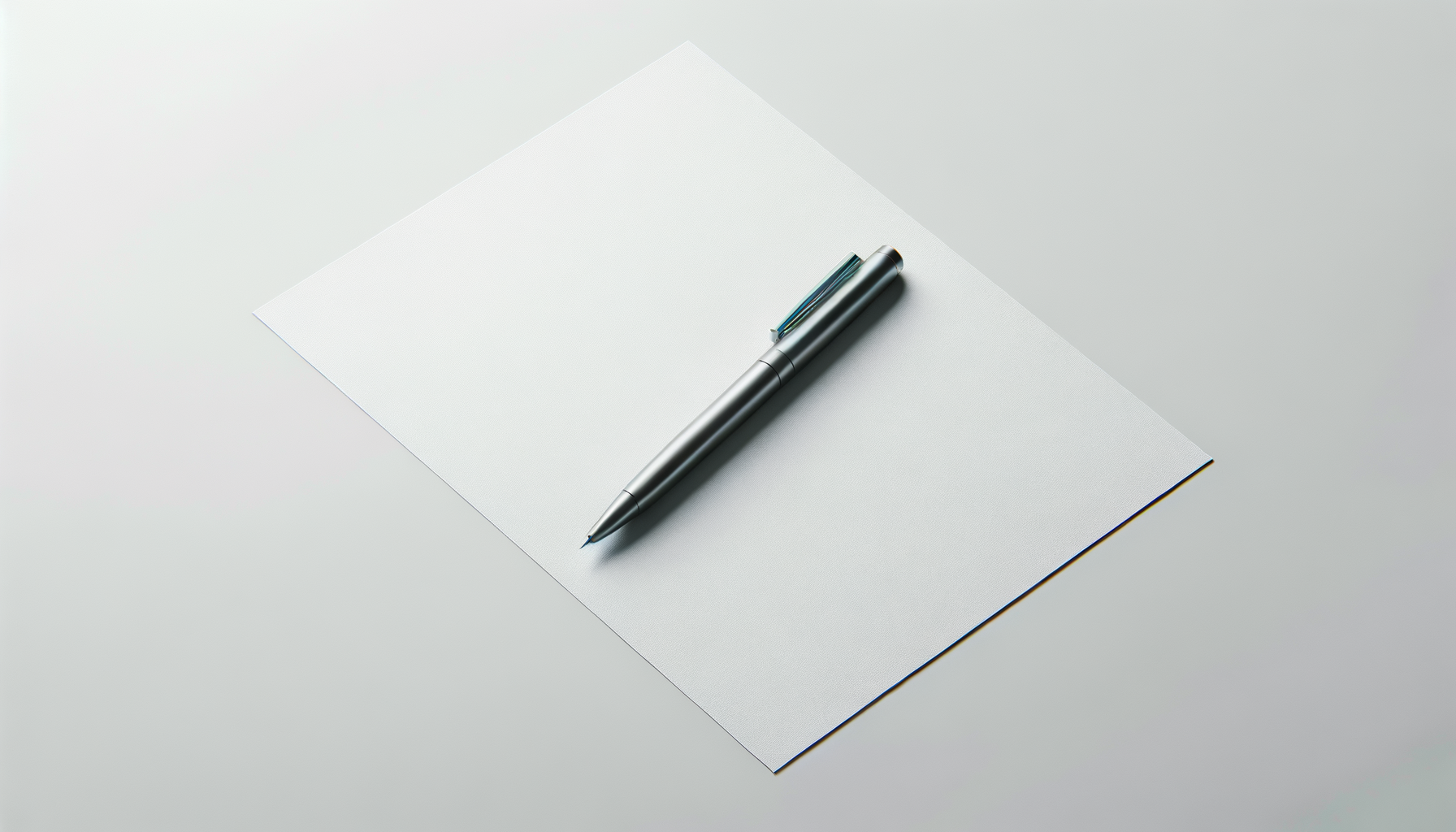 A silver pen resting on a blank sheet of white paper on a white surface.