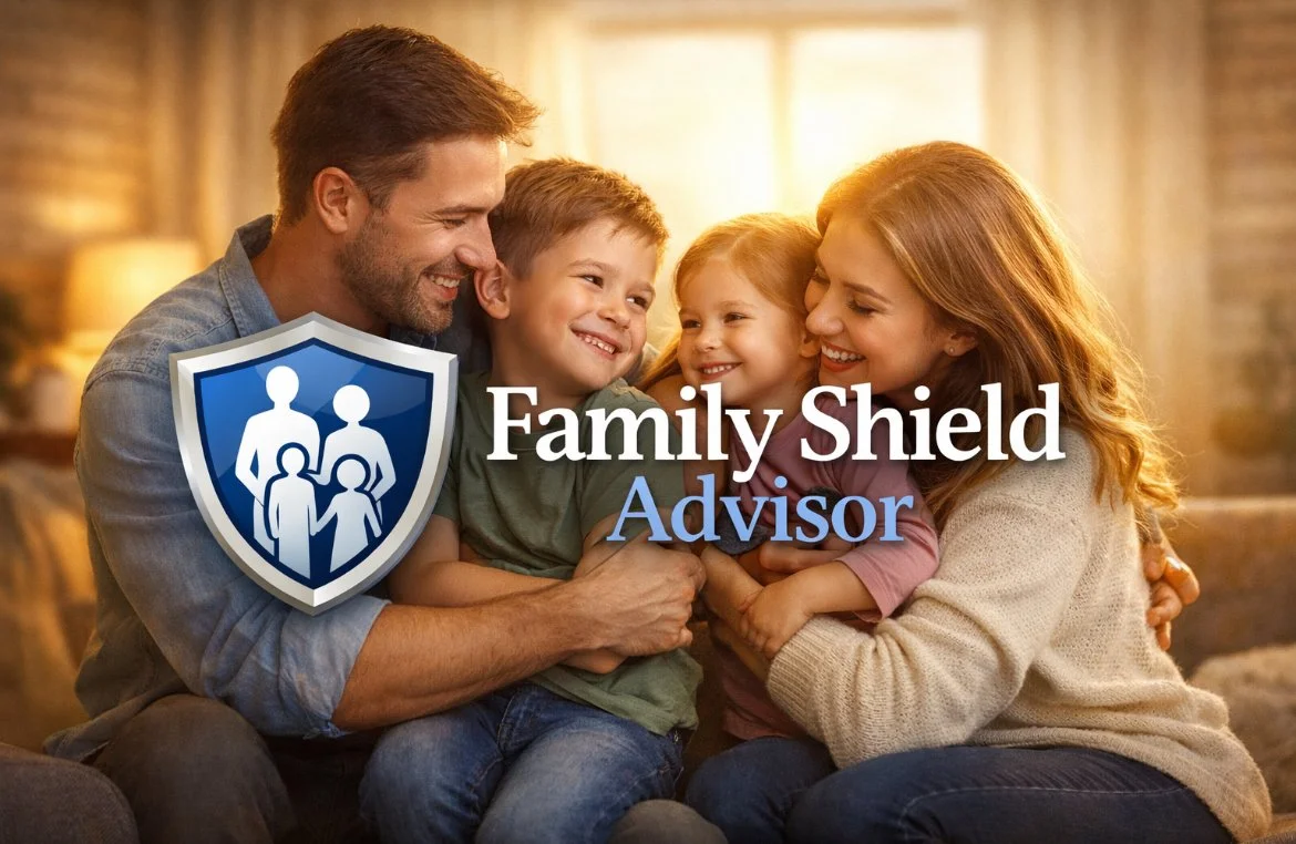 A happy family of four, consisting of a father, mother, and two young children, sitting together and smiling warmly. Overlayed text reads 'Family Shield Advisor' with a shield icon containing stylized family figures.