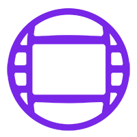 Icon of a movie clapperboard inside a purple circle.
