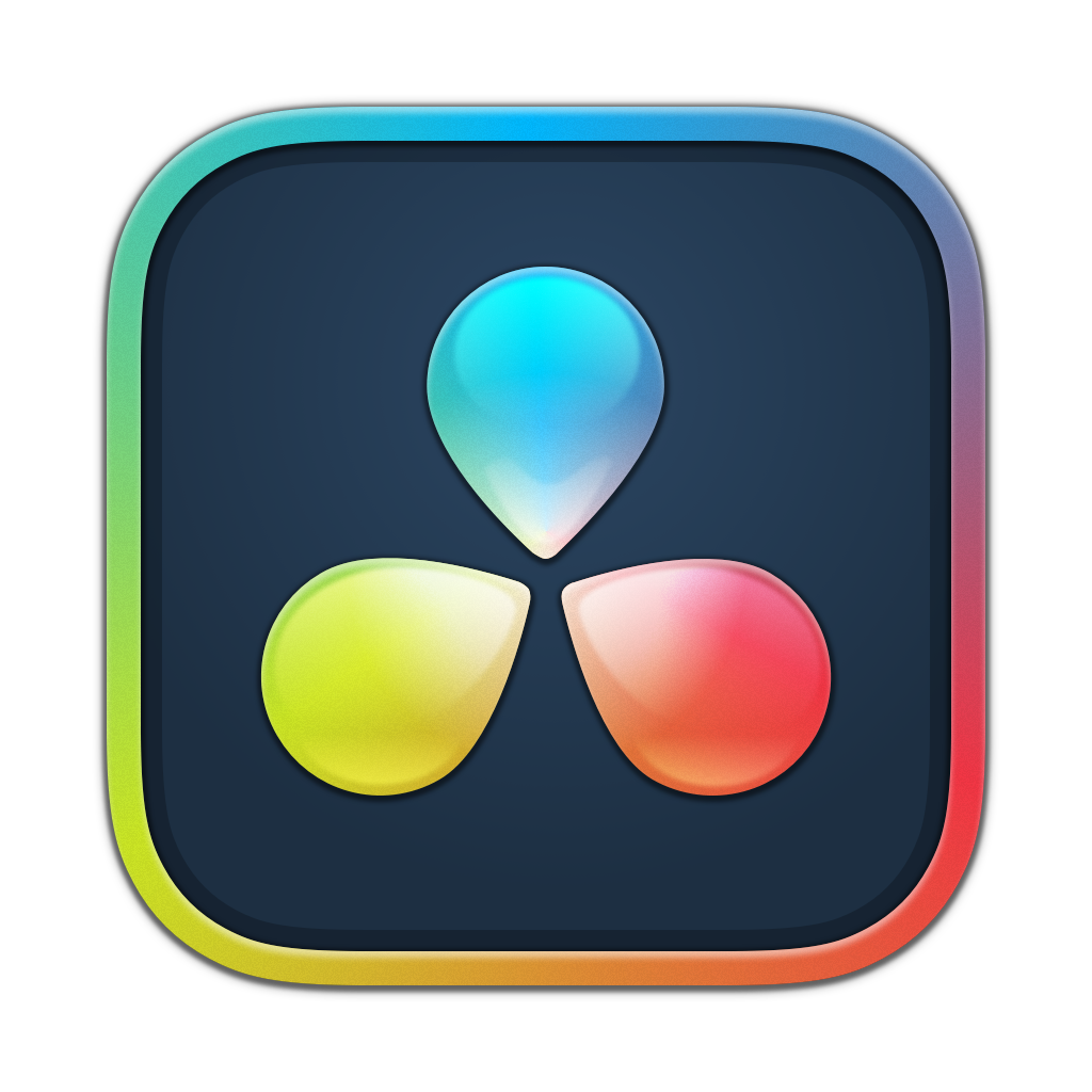 App icon with three teardrop-shaped elements in blue, yellow, and red, connected in a triangular formation, on a dark background with a colorful border.