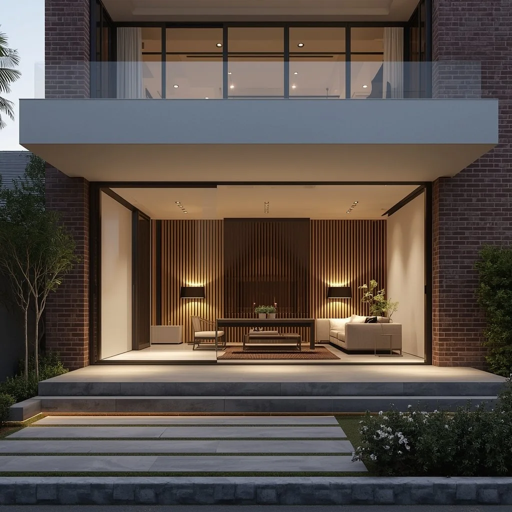 Modern living room with open sliding glass doors, wooden wall paneling, two floor lamps, a sofa, a chair, a coffee table, and potted plants, illuminated with warm lighting.