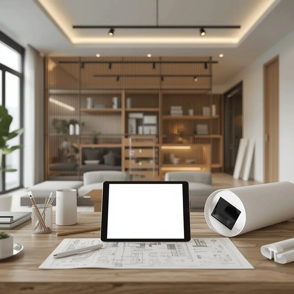An architect's desk with blueprints, a tablet, and drafting tools, set in a modern office space with wooden shelving and ample natural light.