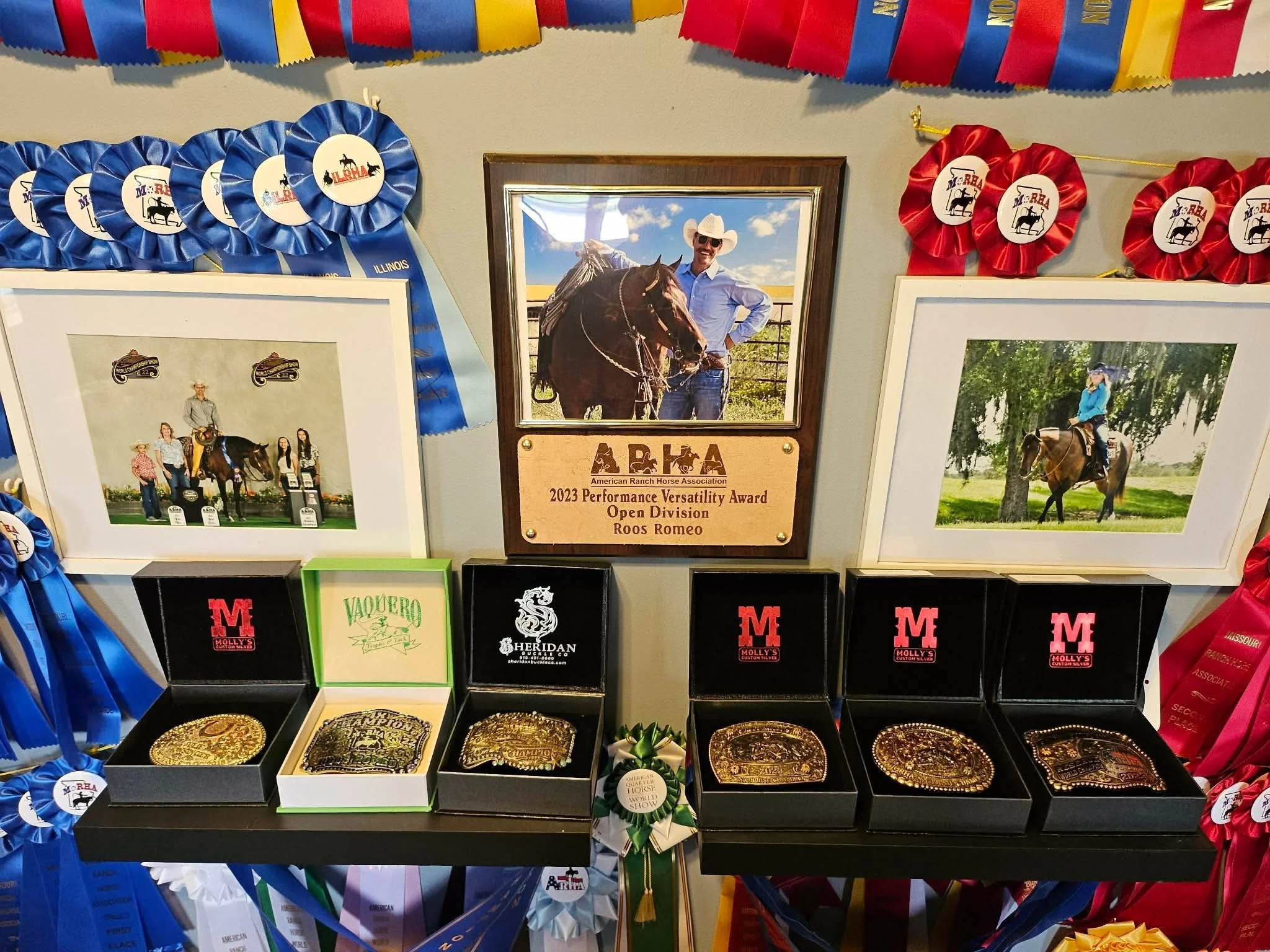 Display of awards and photos from a horse riding competition, including ribbons, medals, and a plaque for the 2023 Performance Versatility Award to Roos Romeo, with framed photos of riders and horses on the wall.