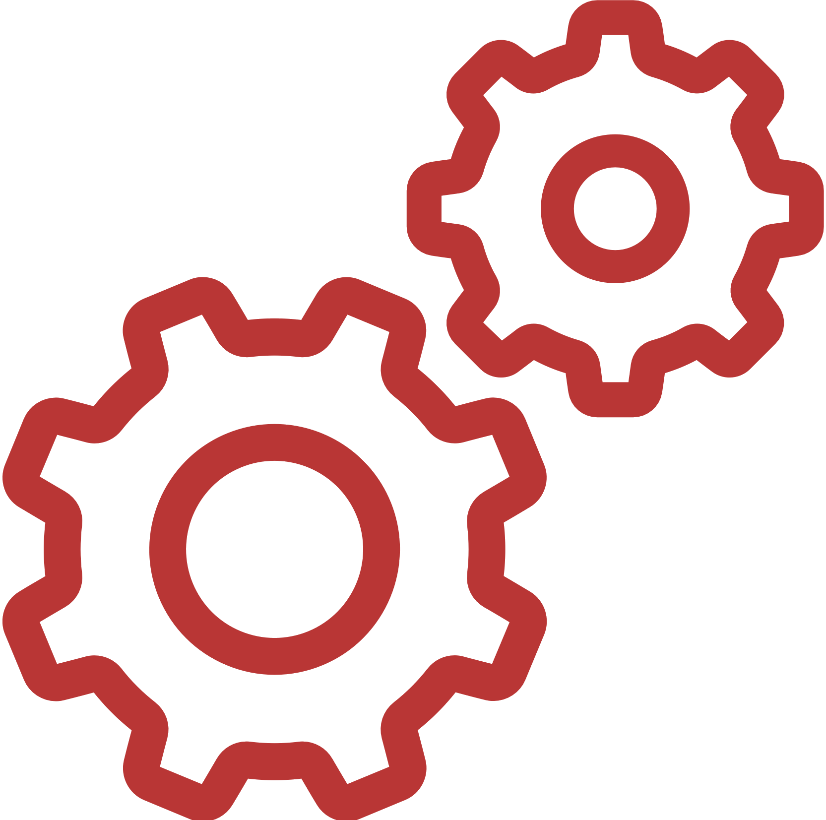 Two interconnected gears, one larger and one smaller, with a red outline, representing mechanics or engineering concepts.