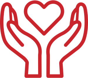 Red outline illustration of two hands holding a heart