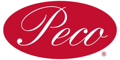 Peco logo with white cursive text on a red oval background.