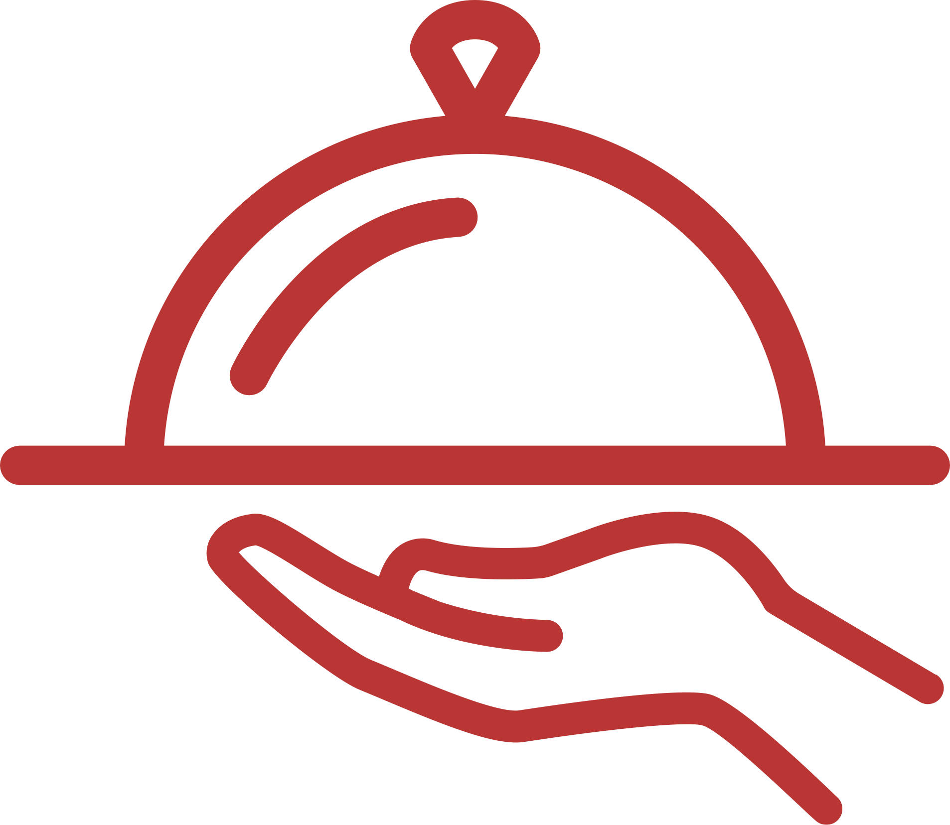 A red outline of a hand holding a covered serving tray with a dome lid.